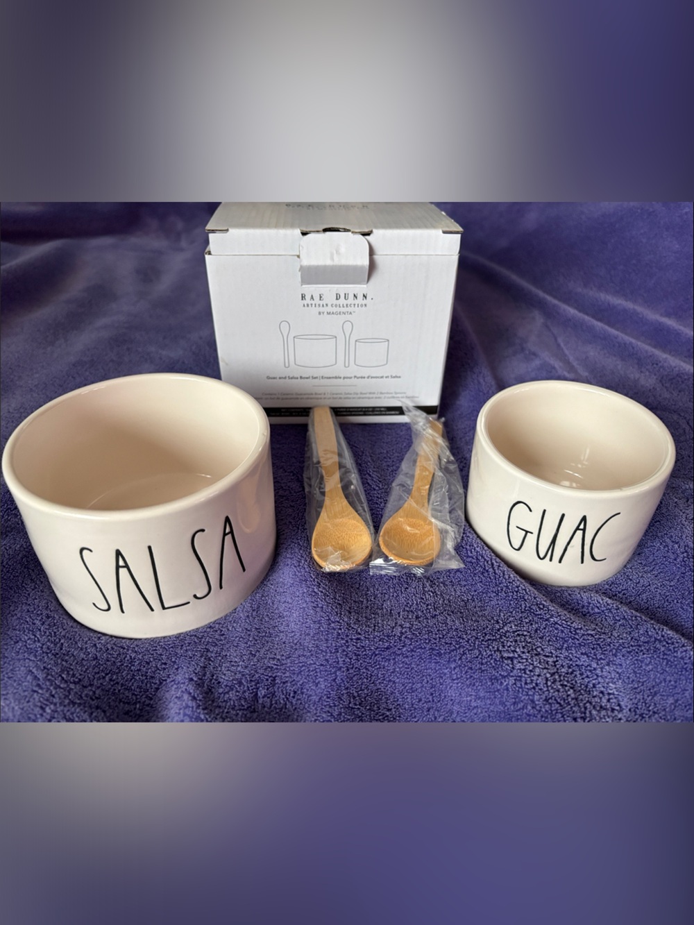 Rae Dunn Cream 'SALSA' & 'GUAC' Dip Bowl Set with Wooden Spoons. Never Been Used